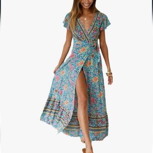 Summer Short Sleeve A-Line Skirt Ladies Elastic Waist Print Boho Wrap Dress Sz S